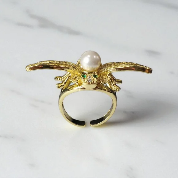 18k Gold Plated Bee Pearl Zircon Crystal Ring - Picture 3 of 4